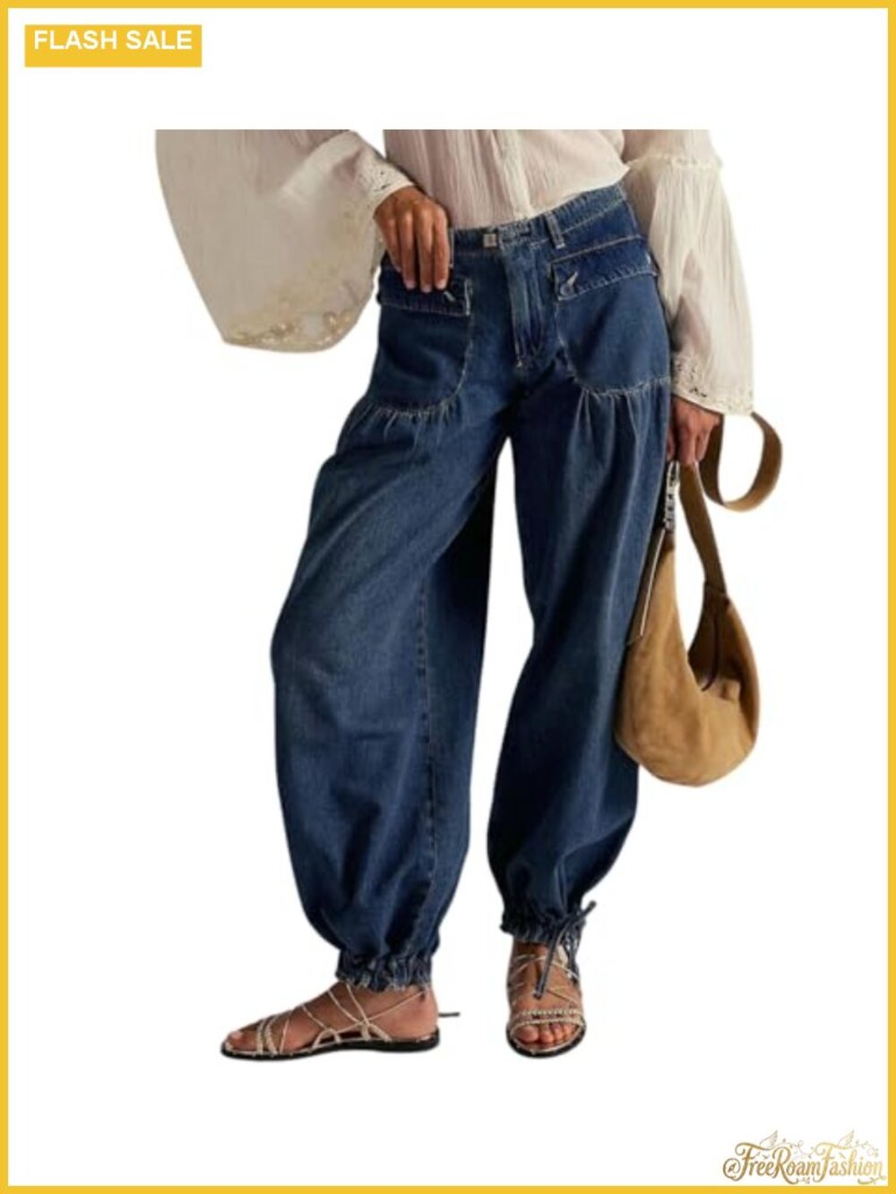 Wide Leg Pleated Drawstring Bottom Jeans